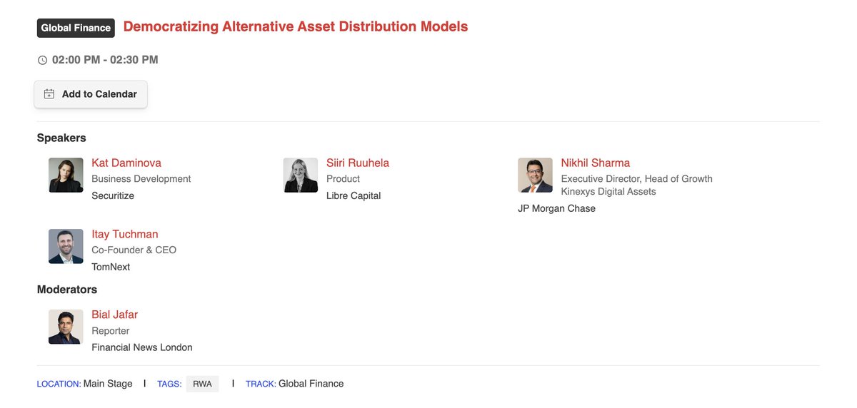 Securitize (@securitize) on Twitter photo Kat Daminova will represent Securitize at the @Avax Summit London on the Main Stage tomorrow at 2:00 PM in "Democratizing Alternative Asset Distribution Models."
Joined by fellow industry leaders, Siiri Ruuhela (<a href="/librecap/">LibreCapital</a>), Nikhil Sharma (Kinexys by <a href="/jpmorgan/">J.P. Morgan</a>), Itay Tuchman Kat Daminova will represent Securitize at the @Avax Summit London on the Main Stage tomorrow at 2:00 PM in "Democratizing Alternative Asset Distribution Models."
Joined by fellow industry leaders, Siiri Ruuhela (<a href="/librecap/">LibreCapital</a>), Nikhil Sharma (Kinexys by <a href="/jpmorgan/">J.P. Morgan</a>), Itay Tuchman