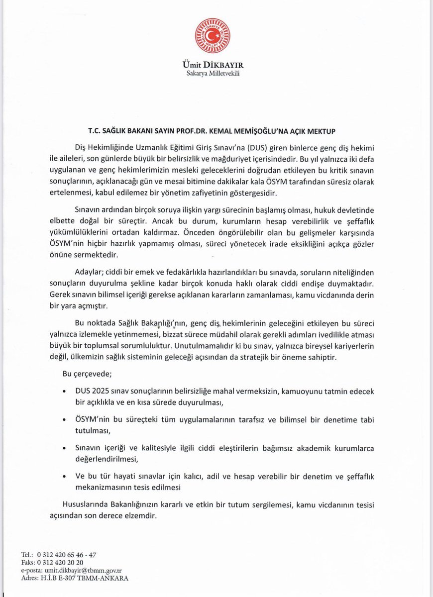 Diş hekimliği uzmanlık sınavına giren gençlerimizin ve ailelerinin endişe, belirsizlik ve mağduriyetlerini <a href="/saglikbakanligi/">T.C. Sağlık Bakanlığı</a> ‘na ilettim. 
Gelen cevabı kamuoyu ile paylaşacağım.