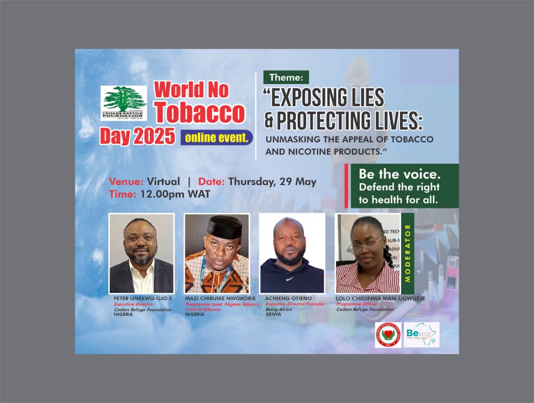 Join us for a special virtual event as we celebrate #WNTD25
"Exposing lies and protecting lives: unmasking the appeal of tobacco and nicotine products."
📅 Date : May 29, 2025
🕒 Time : 12:00 WAT

us06web.zoom.us/j/83653086508?…
Meeting ID: 836 5308 6508
Passcode: 381791