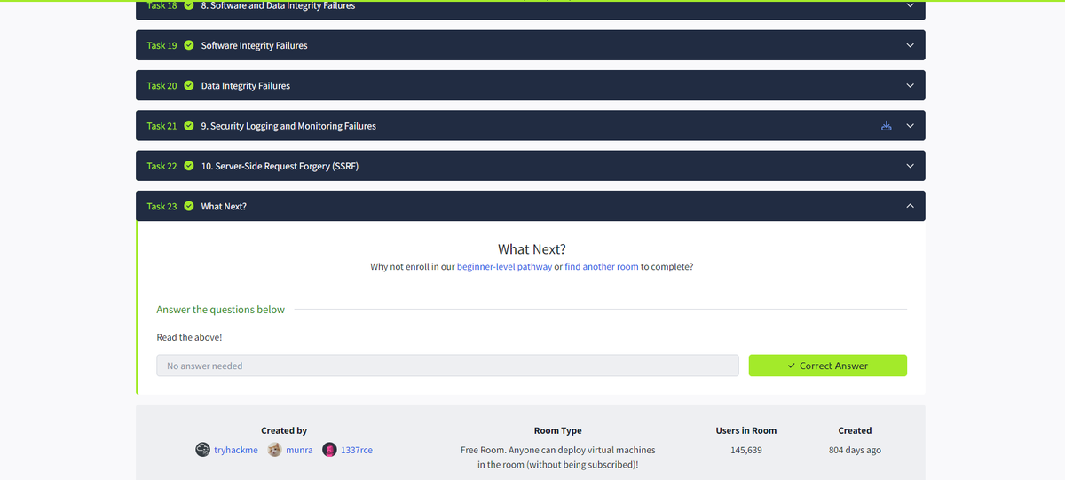 #day90
🚀 Just crushed the OWASP Top 10 Room on TryHackMe! Deep-dived into web app vulnerabilities like injection, broken access control, and SSRF. Essential for anyone building or defending web apps! 

#cybersecurity #websecurity #OWASPTop10 #TryHackMe