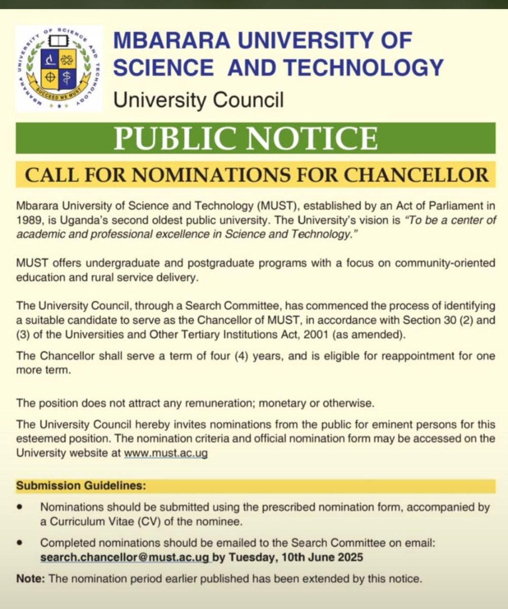 Mbarara University (@mbararaust) on Twitter photo <a href="/MbararaUST/">Mbarara University</a> is seeking nominations for its next Chancellor.
Do you know an eminent person who embodies academic excellence and community leadership?
Find details below: <a href="/MbararaUST/">Mbarara University</a> is seeking nominations for its next Chancellor.
Do you know an eminent person who embodies academic excellence and community leadership?
Find details below: