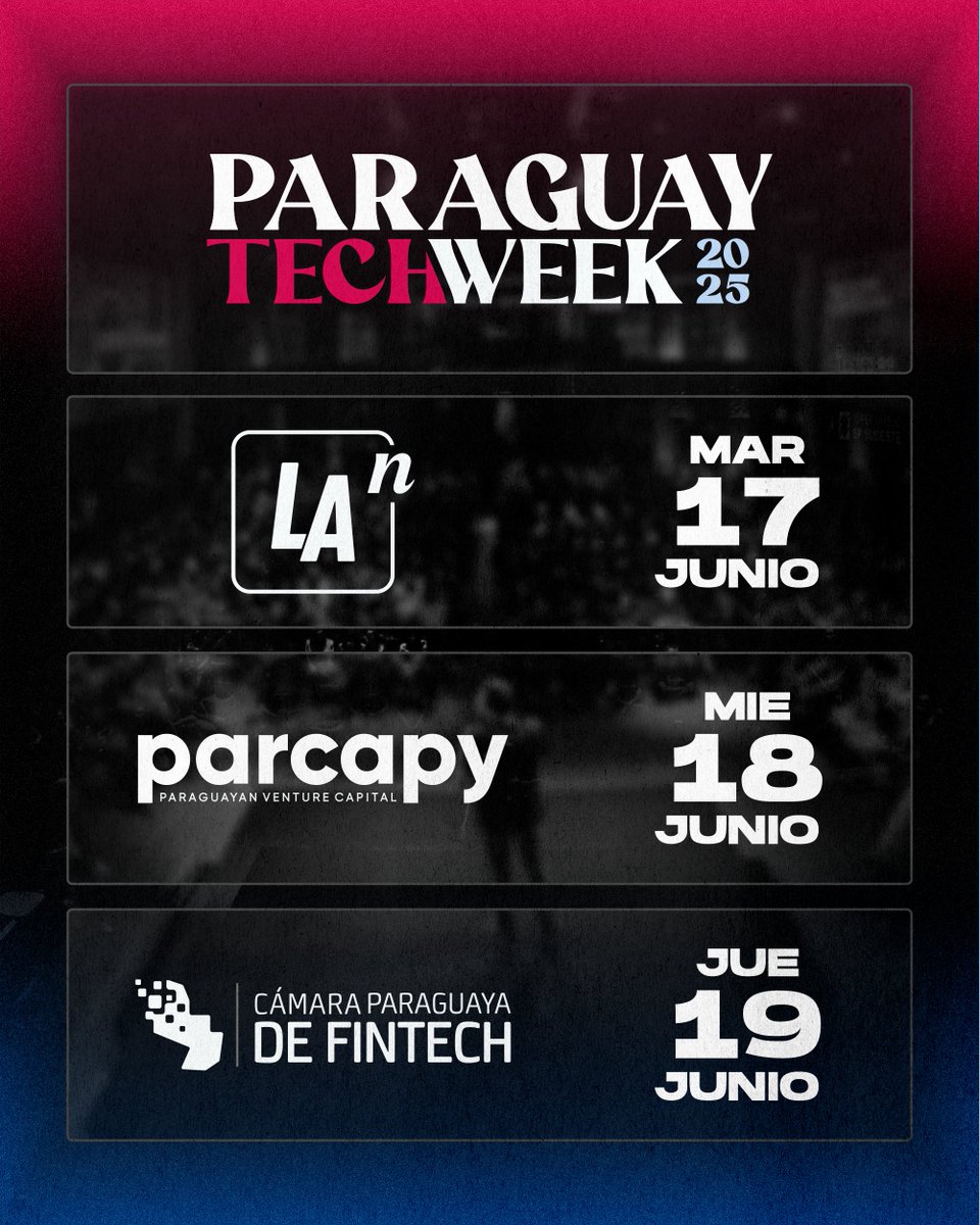 ¡Agendá estas fechas! 🗓️

Llega el #ParaguayTechWeek, una semana llena de innovación, tecnología y aprendizaje.
📅 17, 18 y 19 de junio
📍 Crowne Plaza
🎟️ Conseguí tu ticket en tuti.com.py

Desde ASEPY, estamos como aliados de difusión.