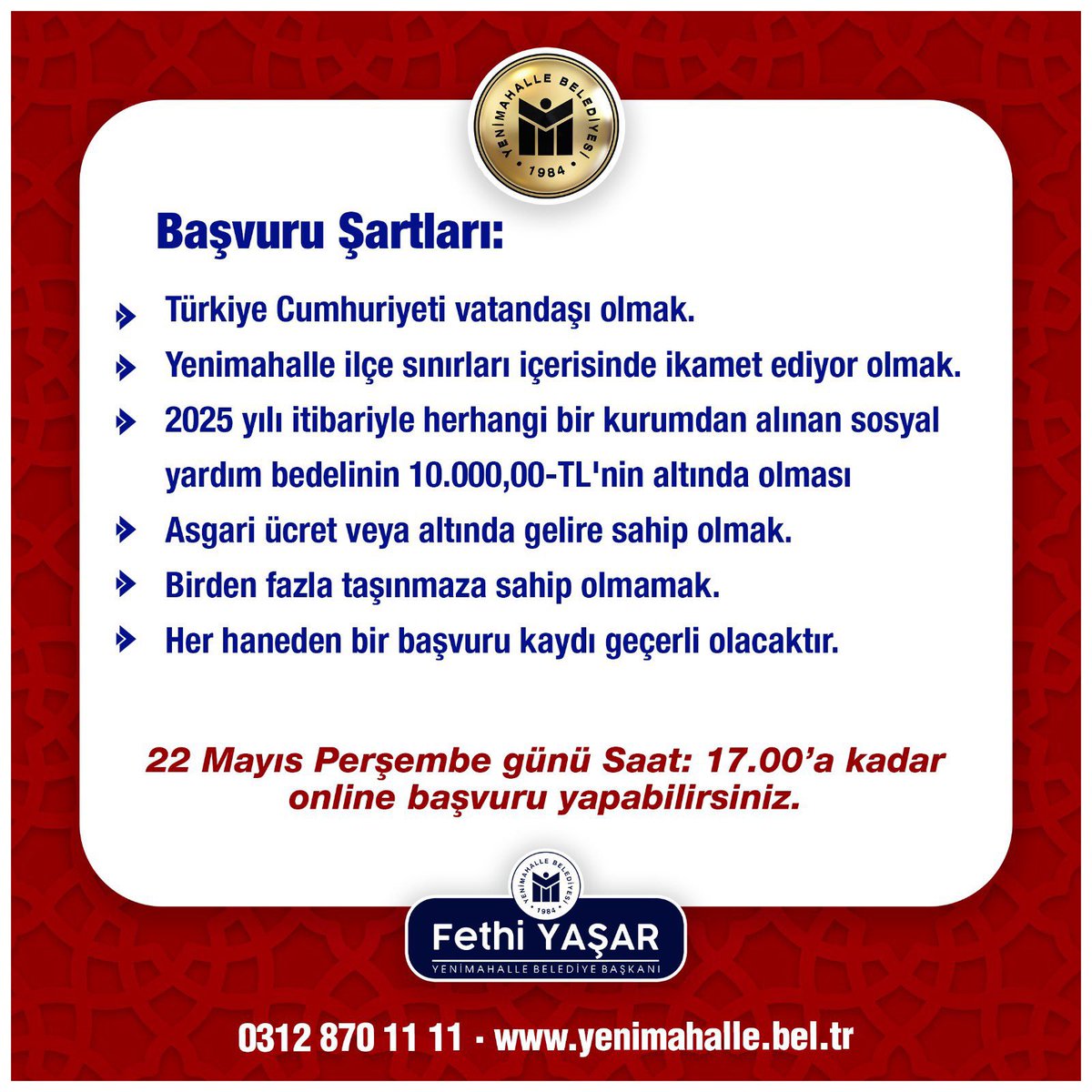 Cumhuriyetin ilçesi Yenimahalle'de dayanışmayı büyütmeye, ihtiyaç sahibi vatandaşlarımızın ve emeklilerimizin yanında olmaya devam ediyoruz. 

Kurban Bayramı öncesinde ilçemizdeki 5000 vatandaşımıza 2.000 TL, toplamda 10 Milyon TL destek sağlayacağız.

Başvurularınız için 22