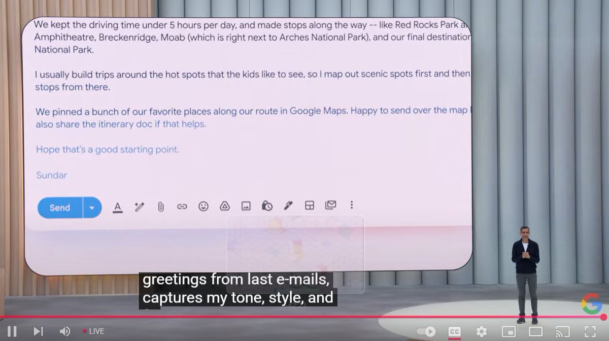 Gemini's email auto AI-responder will now be able to "sound like you" (available this summer for Gemini subscribers) based on your past emails/interactions

#GoogleIO