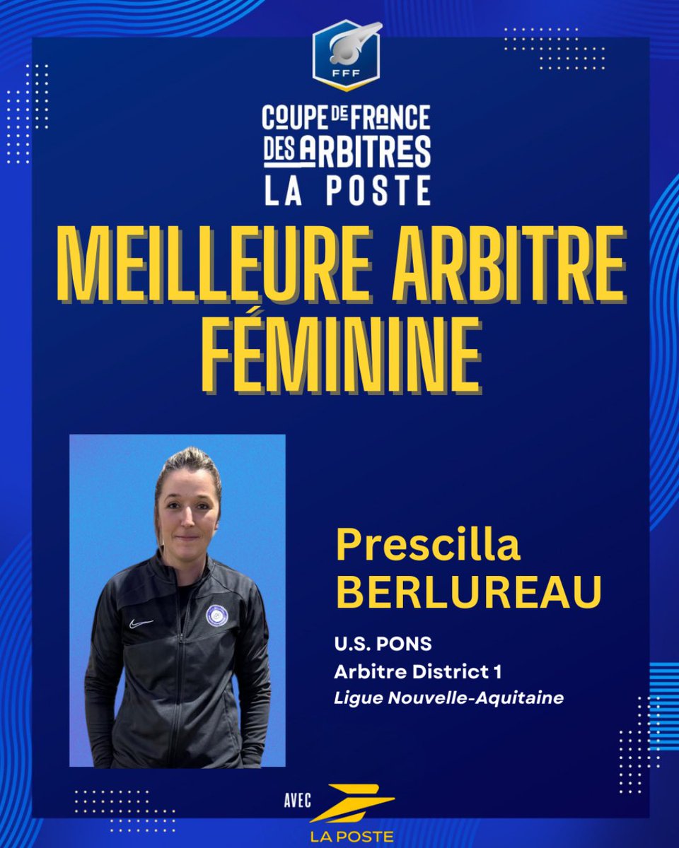 Prescilla Berlureau, 32 ans, licenciée à l’U.S. Pons (District Charente-Maritime, Ligue Nouvelle-Aquitaine), recevra ce samedi lors de la finale de la Coupe de France le trophée de la meilleure arbitre féminine 🏆👏