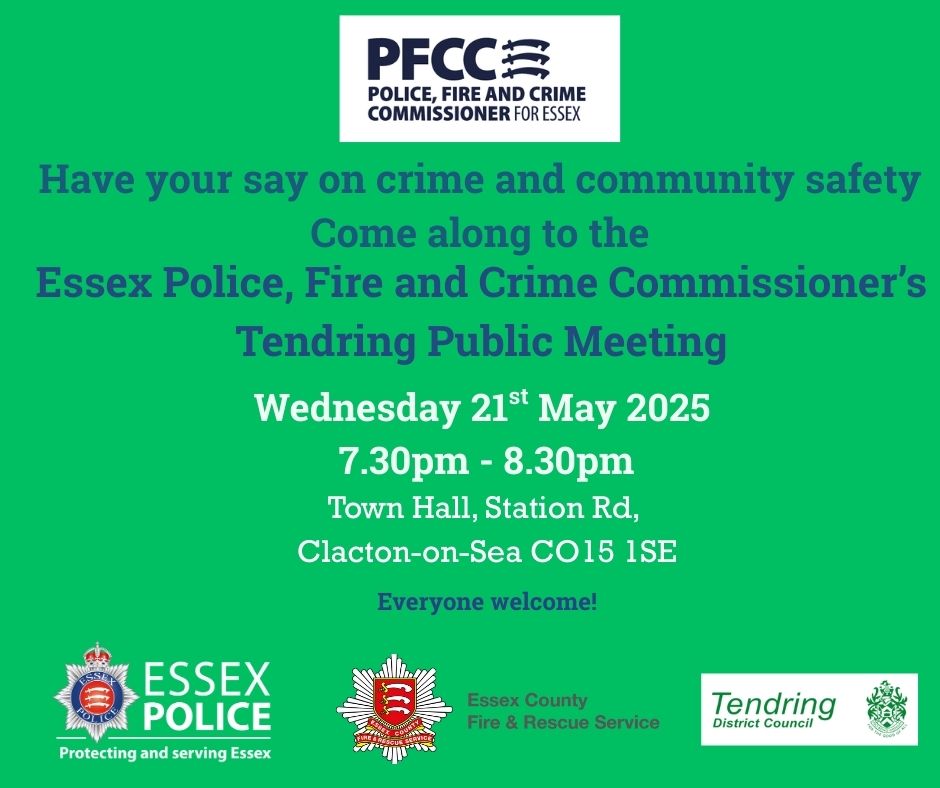 The PFCC for Essex is inviting residents from across the Tendring district to attend a community safety public meeting on Wednesday 21st May at Clacton Town Hall, Station Rd, Clacton-on-Sea CO15 1SE starting at 7pm to 8pm.
For more visit: ow.ly/bQwR50VSHA2