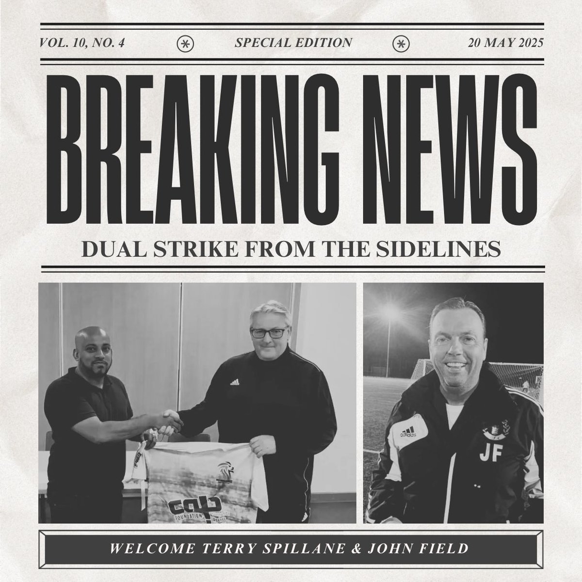 Terry Spillane &amp; John Field join SOUL THFC as joint managers.

Spillane: a legend of the Essex Senior League, double title winner, serial builder of winning teams.

John: tactical brain, local football powerhouse. 

Winners. Leaders. Built for legacy.
The mission is clear. 🏆⚽️