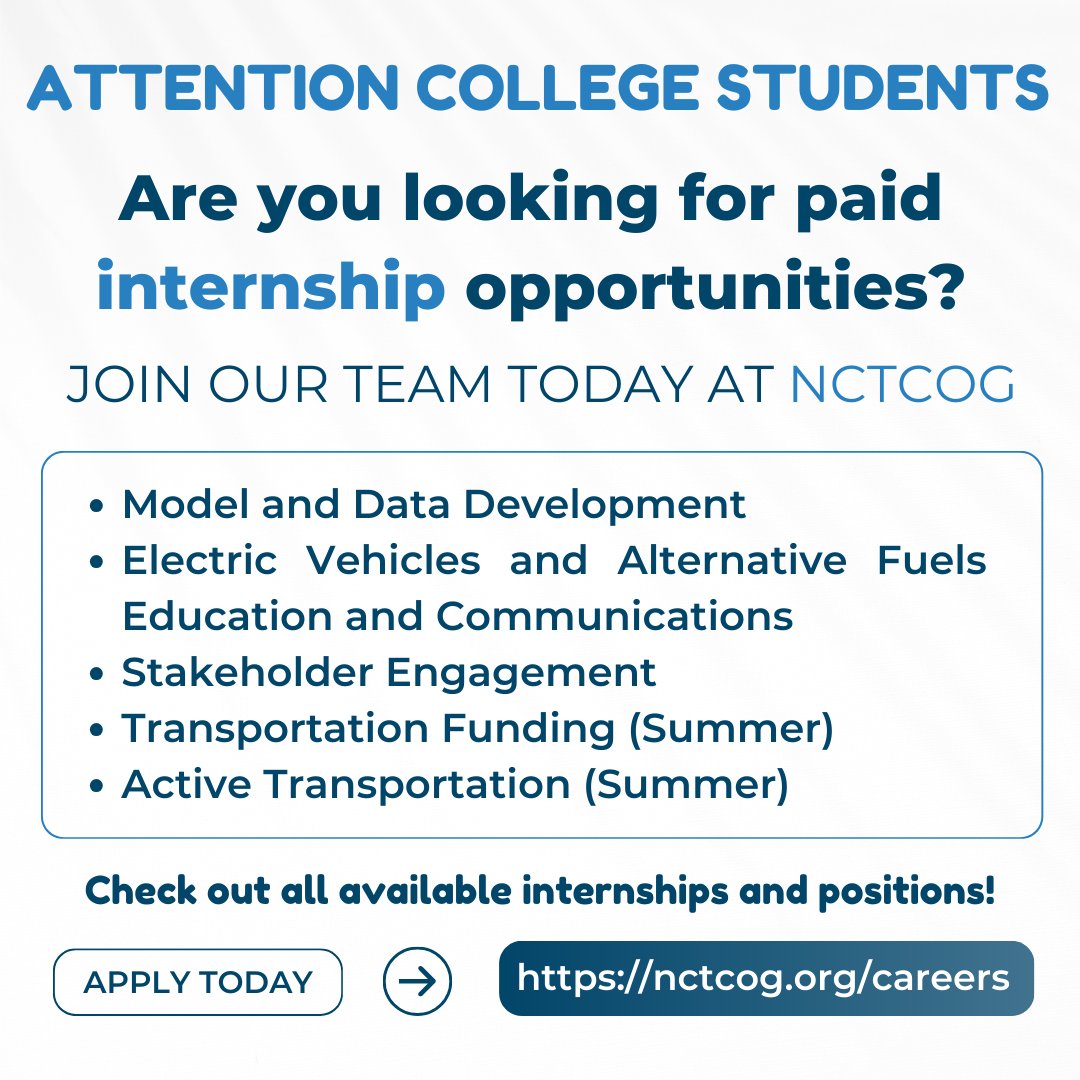 🎓 College students! Looking for an internship where you can gain real-world experience?
Opportunities are available throughout the year, as well as summer-specific internships.
📍Contribute to a more sustainable future!
👉 Apply today: nctcog.org/careers
#PaidInternship