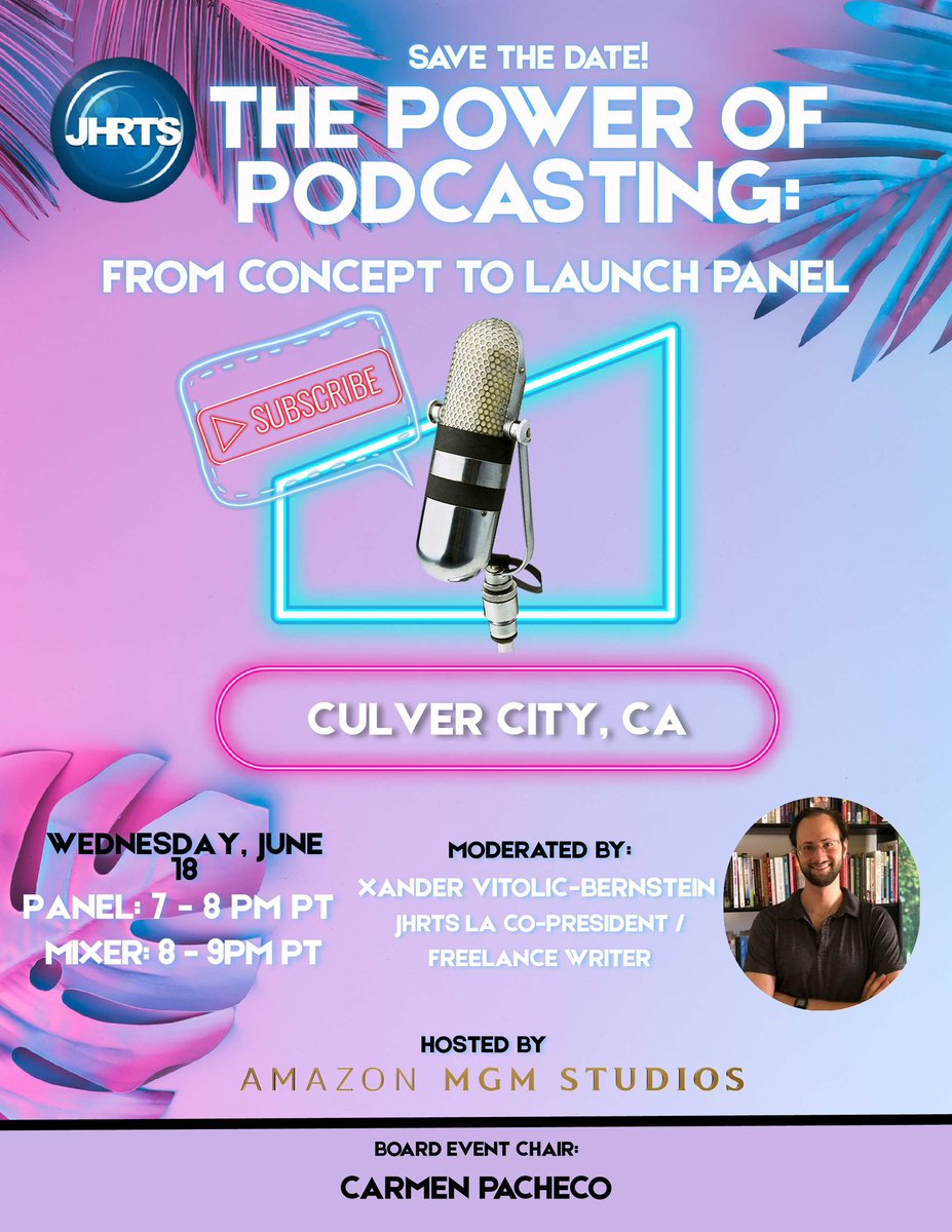Save the date! More info to come. 
JHRTS LA and Amazon MGM Studios proudly presents an in-depth exploration of the podcast industry landscape, featuring leading voices in audio entertainment!