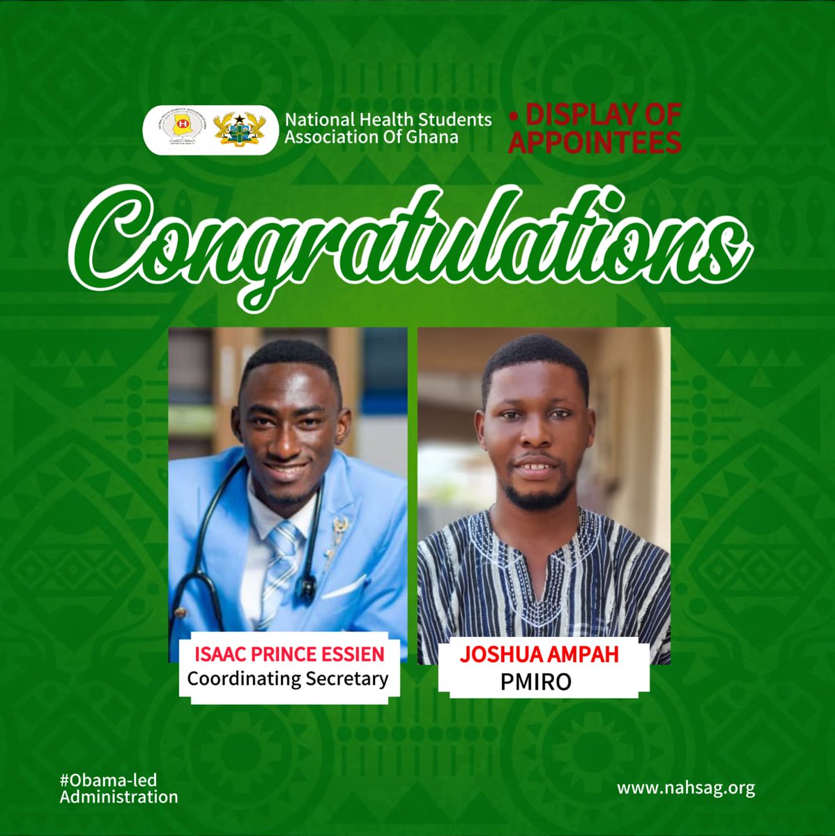 Nahsag_official's tweet photo. Appointment of PMIRO and Coordinating Secretary.
Congratulations to you guys on your appointment.
1. Mr. Joshual Ampah - Public Media and International Relations Officer (Ag)
2. Mr. Isaac Prince Essien - Coordinating Secretary (Ag)
#UnitedForHealth
#TheProgressiveAgenda https://t.co/OK2Fqy8UIR
