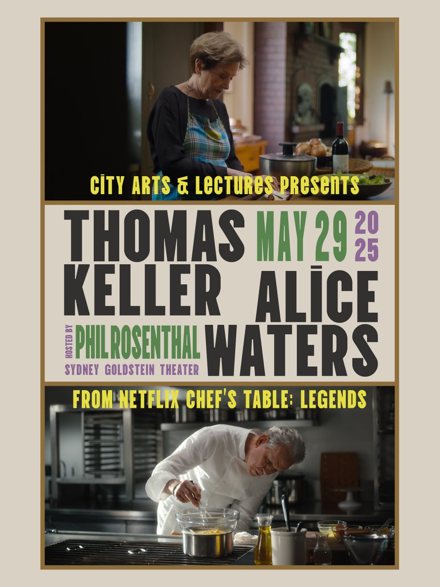 City Arts & Lectures (@cityartssf) on Twitter photo Join culinary legends Chefs Thomas Keller & Alice Waters for a conversation about cuisine, community, and culture, celebrating the Neflix series Chef’s Table: Legends. Hosted by <a href="/PhilRosenthal/">Phil Rosenthal</a>
Ticket: cityboxoffice.com/orderticketsve… Join culinary legends Chefs Thomas Keller & Alice Waters for a conversation about cuisine, community, and culture, celebrating the Neflix series Chef’s Table: Legends. Hosted by <a href="/PhilRosenthal/">Phil Rosenthal</a>
Ticket: cityboxoffice.com/orderticketsve…