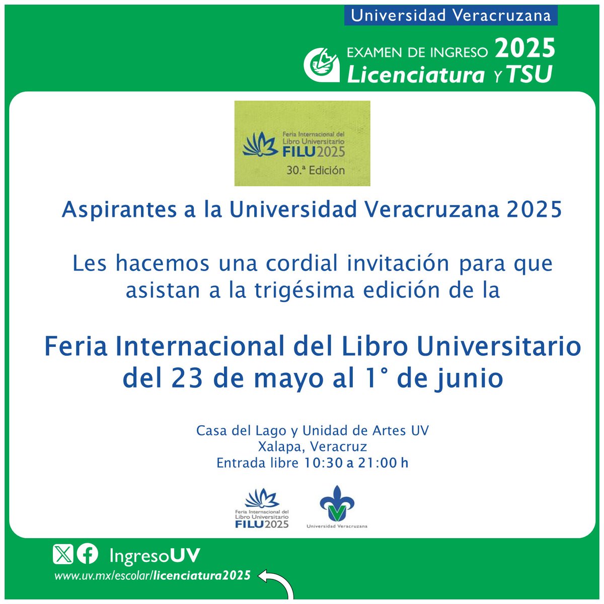 #AspirantesUV2025 

Del 23 de mayo al 1° de junio pueden asistir a la Feria Internacional del Libro Universitario 📕📗📘