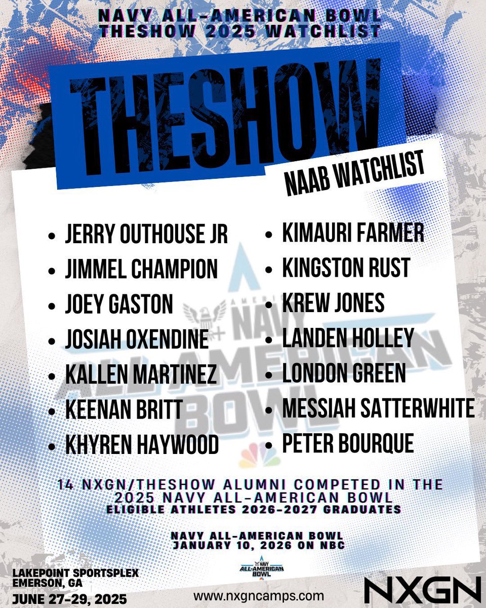 Jerry Outhouse Jr. (@j_outhousejr4) on Twitter photo Blessed to be on the Watchlist for the Navy All American Bowl! Thank you <a href="/NxgnCamps/">NXGN Camps, Inc</a> <a href="/AABonNBC/">Navy All-American Bowl</a> <a href="/AWilliamsUSA/">Anthony Williams</a> <a href="/ErikRichardsUSA/">Erik Richards</a> <a href="/Andrew_Ivins/">Andrew Ivins</a> <a href="/FBUcamp/">Football University</a> has been a major part of my football journey so Repping in the Navy Bowl is on my List of things to accomplish. <a href="/adamgorney/">Adam Gorney</a> Blessed to be on the Watchlist for the Navy All American Bowl! Thank you <a href="/NxgnCamps/">NXGN Camps, Inc</a> <a href="/AABonNBC/">Navy All-American Bowl</a> <a href="/AWilliamsUSA/">Anthony Williams</a> <a href="/ErikRichardsUSA/">Erik Richards</a> <a href="/Andrew_Ivins/">Andrew Ivins</a> <a href="/FBUcamp/">Football University</a> has been a major part of my football journey so Repping in the Navy Bowl is on my List of things to accomplish. <a href="/adamgorney/">Adam Gorney</a>