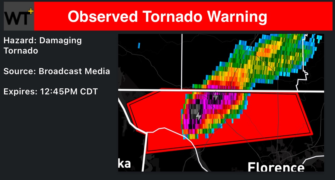 WXTrackingPlus's tweet photo. [OBSERVED] Tornado Warning North of #FlorenceAL

Expires: 12:45PM CDT

#Alabama #ALwx #wxX #wxtwitter https://t.co/PovSVAidxB