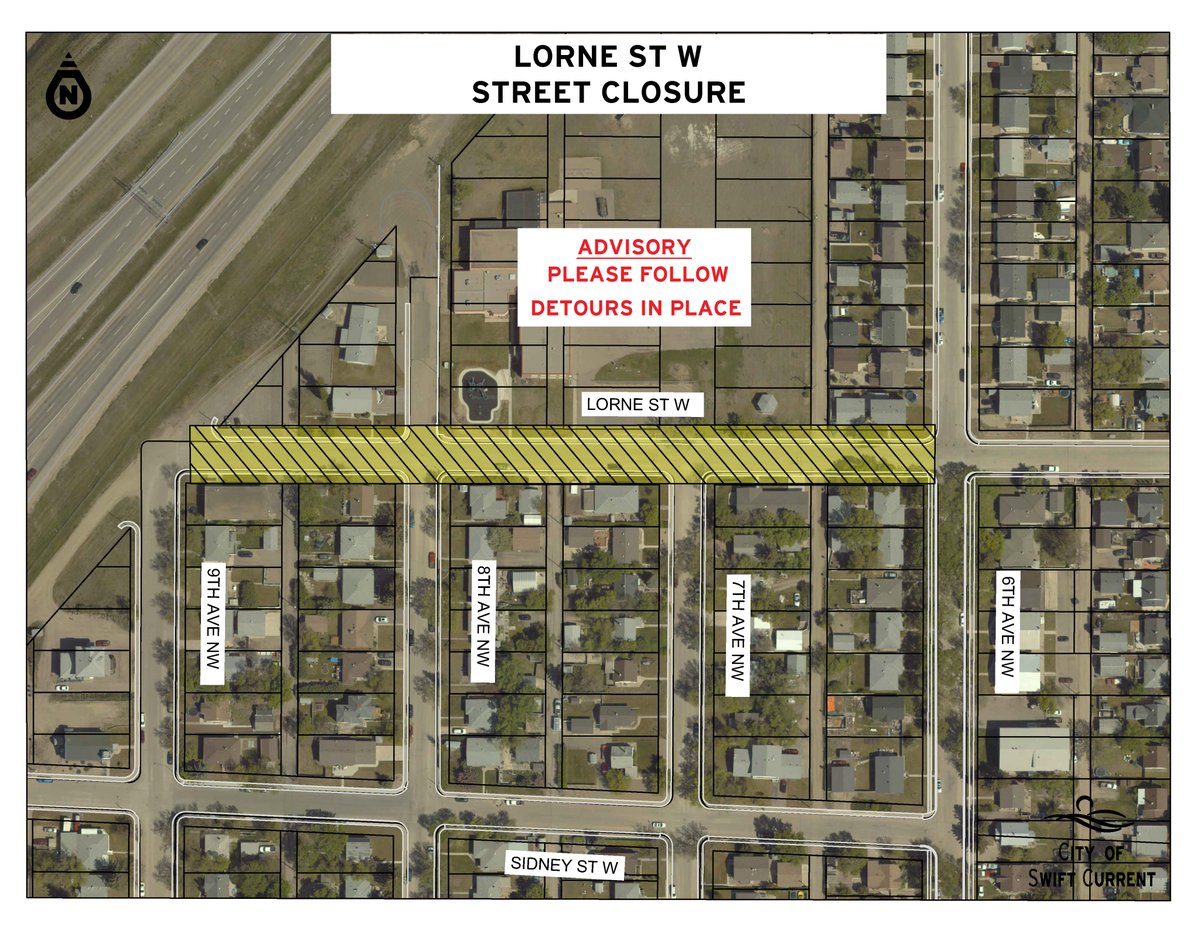 Swift Current (@city_sc) on Twitter photo Please be advised that Lorne St W., between 6th Ave N.W. and 9th Ave N.W., will be closed for paving operations on the following dates:
• Wednesday, May 22, and;
• Monday, May 26 to Friday, May 30
Detours and signage will be in place and moved perodically with the work. Please be advised that Lorne St W., between 6th Ave N.W. and 9th Ave N.W., will be closed for paving operations on the following dates:
• Wednesday, May 22, and;
• Monday, May 26 to Friday, May 30
Detours and signage will be in place and moved perodically with the work.