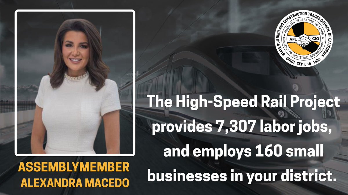 CA_Bldg_Trades's tweet photo. @JuanAlanisCA @CaHSRA @TheIronworkers @iuoe_union @CANV_OE @IBEW @smartunionworks @Teamsters @IUBAC @LIUNA @_bluecollarjobs @Damon_Connolly @CAgovernor @GavinNewsom @AsmChrisRogers The High-Speed Rail Project provides jobs and employs small businesses in your district @AsmwomanMacedo. 

@CaHSRA @TheIronworkers @iuoe_union @CANV_OE @IBEW @smartunionworks @Teamsters @IUBAC @LIUNA @_bluecollarjobs 

#caleg #mayrevise #highspeedrail #climatejobs #iwillride https://t.co/LvkjEfgHg8