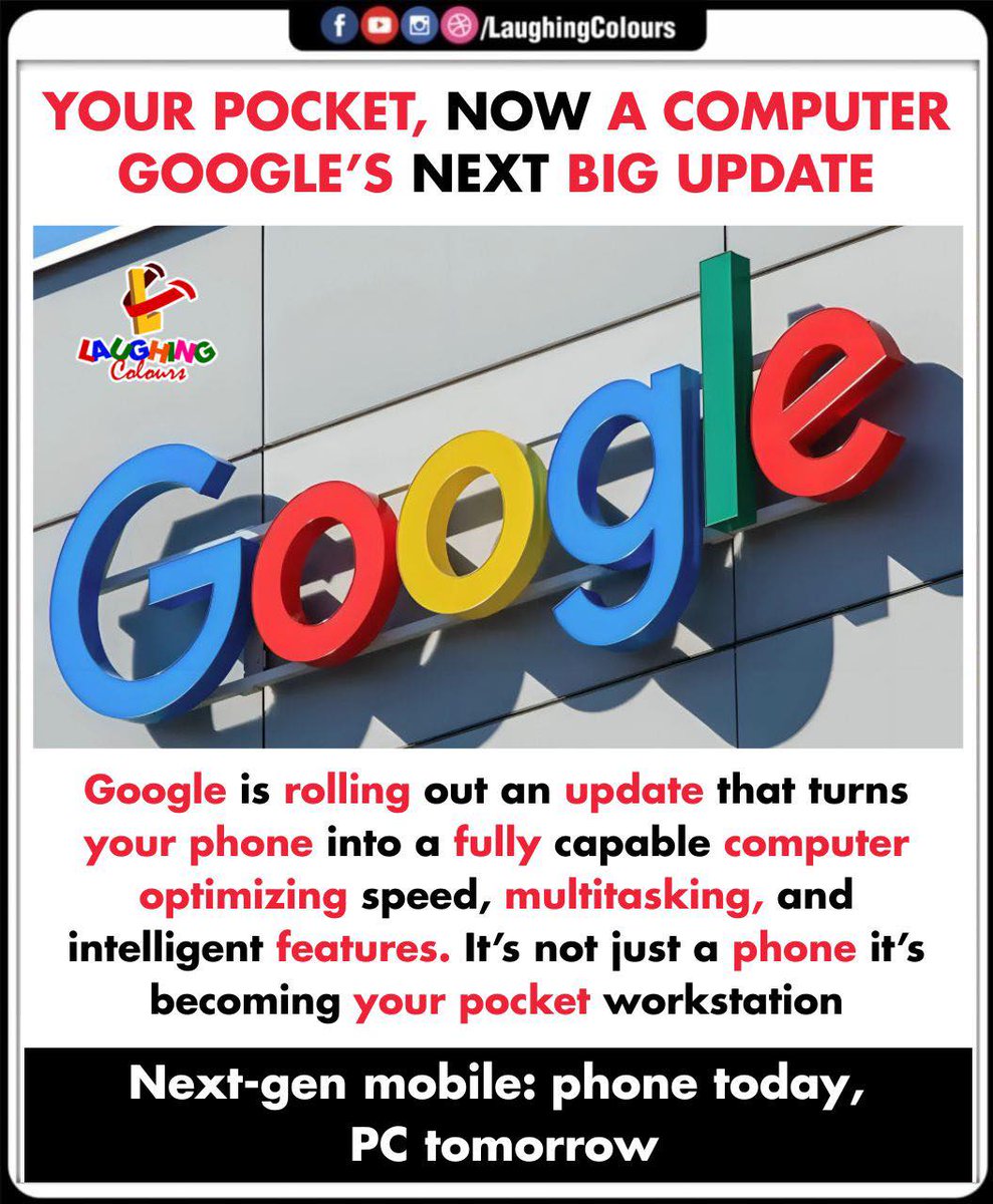 LaughingColours's tweet image. Phone turns into PC 📷

#GoogleUpdate #SmartphoneUpgrade #TechNews #PocketPC #MultitaskingBoost #NextGenMobile