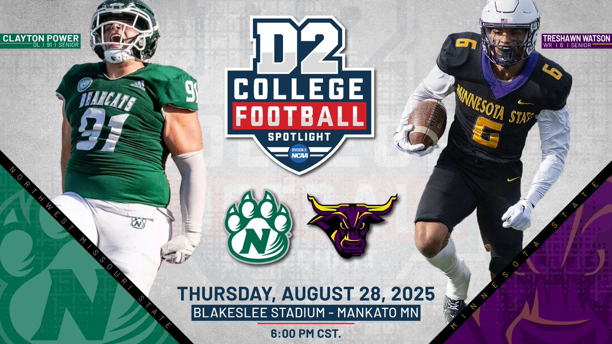 D2 College Football Spotlight (@d2fbspotlight) on Twitter photo 100 Days Out
<a href="/MinnStFootball/">Minnesota State Football</a>.
<a href="/NWBearcat_FB/">Northwest Football</a>.
Blakeslee Stadium.
A Thursday night clash between two D2 powers kicks off the 2025 season... and weโll be there covering it all.
Pregame scenes, fan stories, full gameday content.
August 28. Mankato.
More to come.
#D2Football 100 Days Out
<a href="/MinnStFootball/">Minnesota State Football</a>.
<a href="/NWBearcat_FB/">Northwest Football</a>.
Blakeslee Stadium.
A Thursday night clash between two D2 powers kicks off the 2025 season... and weโll be there covering it all.
Pregame scenes, fan stories, full gameday content.
August 28. Mankato.
More to come.
#D2Football