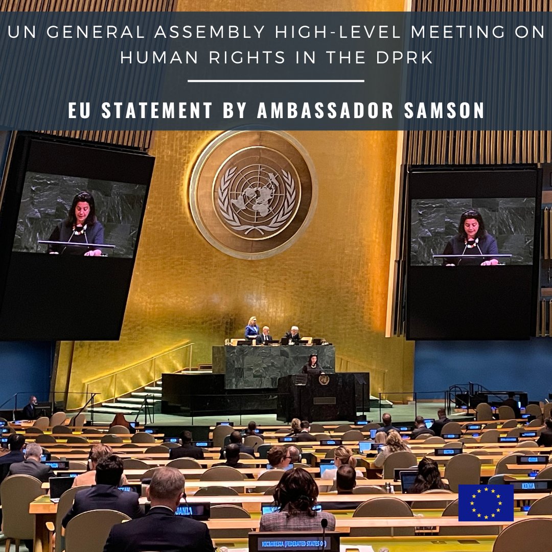 🇪🇺EU at UN-NY (@euatun) on Twitter photo The 🇪🇺EU urges full respect of international human rights & humanitarian law at historic 🇺🇳UNGA plenary meeting dedicated to the dire & deteriorating situation of human rights in the #DPRK.
Full statement by Amb. <a href="/HeddaSamson/">Hedda Samson</a>
➡️eeas.europa.eu/delegations/un… The 🇪🇺EU urges full respect of international human rights & humanitarian law at historic 🇺🇳UNGA plenary meeting dedicated to the dire & deteriorating situation of human rights in the #DPRK.
Full statement by Amb. <a href="/HeddaSamson/">Hedda Samson</a>
➡️eeas.europa.eu/delegations/un…