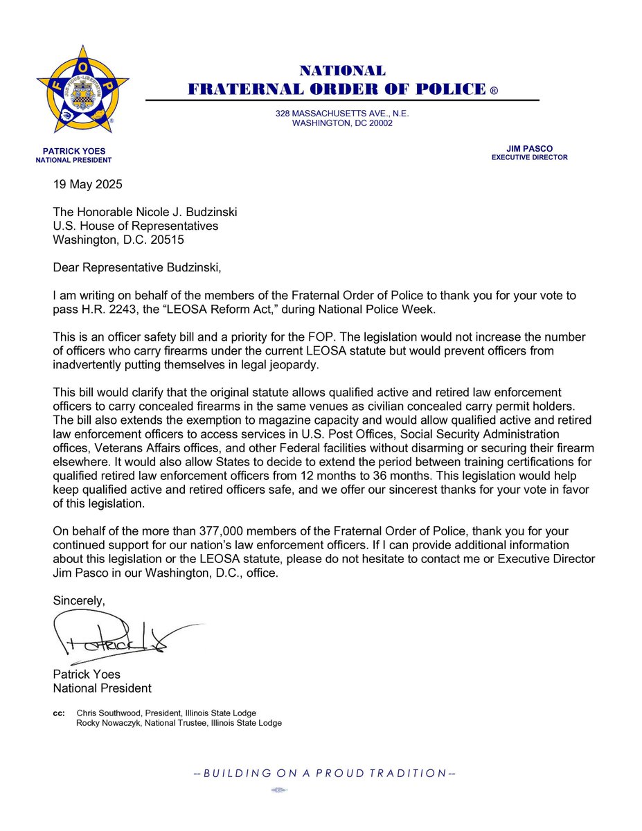 National President Patrick Yoes sent a letter to Representatives Budzinski, Carter, Craig, Cuellar, Davis, Gluesenkamp Perez, Golden, Gonzalez, Gray, Harder, Kaptur, Landsman, McDonald Rivet, and Min thanking them for their vote in favor of H.R. 2243, the "LEOSA Reform Act."