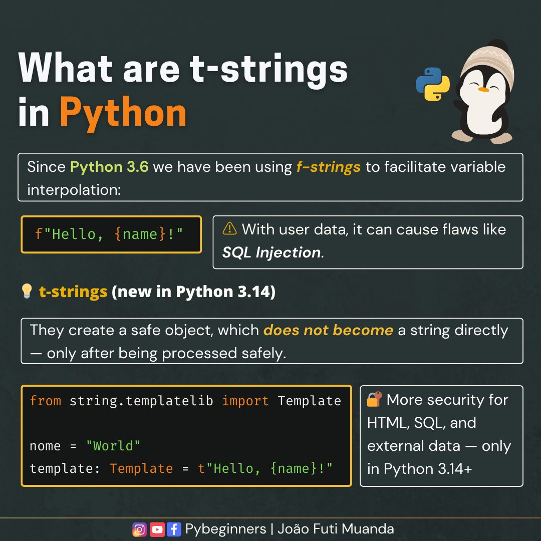 Python 3.14, scheduled for release in late 2025, brings an exciting new feature to the language: template strings, or t-strings.

Link: pybeginners.com/article/what-a…

#python #pybeginners