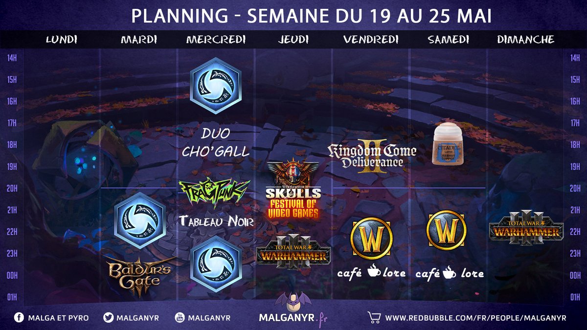 Voici le planning de la semaine
Nouvelle opé Fragpunk mercredi soir, j'espère être payé cette fois-ci
On couvrira le #warhammerskulls jeudi
Bonne semaine à tous ♥
twitch.tv/malganyr