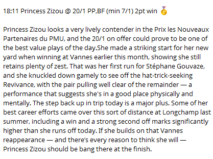 AllezAllezTips's tweet image. After a couple of near misses this month delighted to land a max bet with Princess Zizou easily landing the spoils at Nancy at an advised 20/1 🇫🇷 

Leaves us nicely in the black for the month 🚀