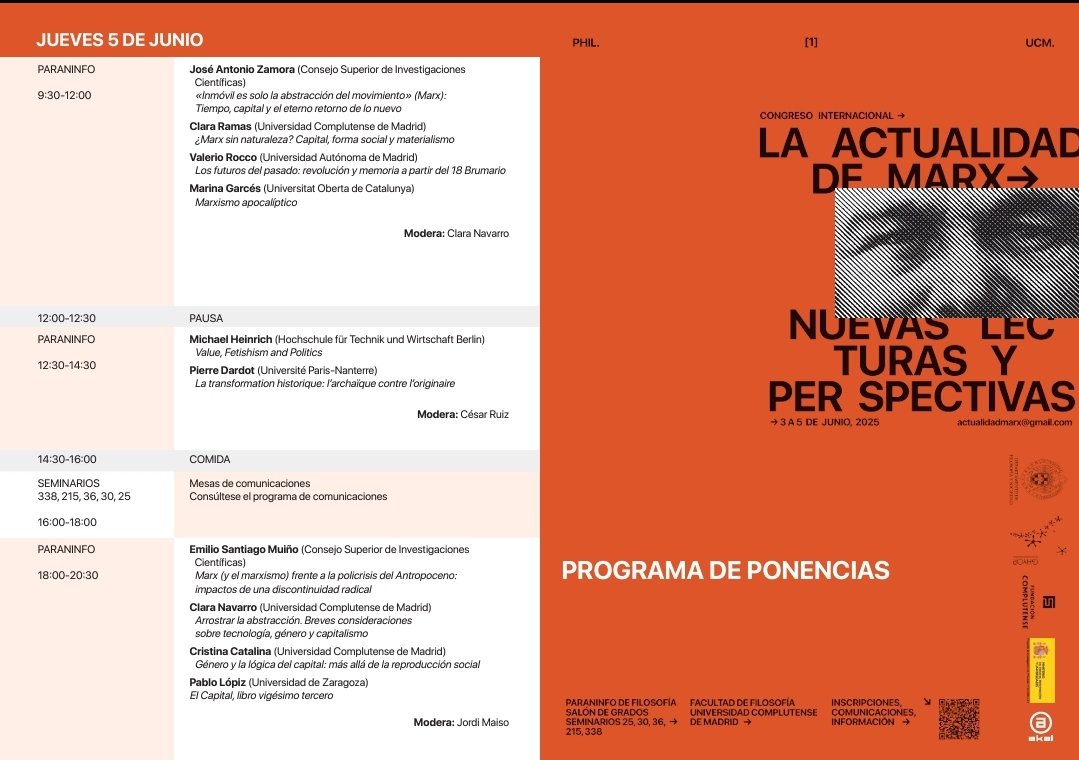 FiloSociedadUCM's tweet image. Congreso Internacional
LA ACTUALIDAD DE MARX.
NUEVAS LECTURAS Y PERSPECTIVAS
🗓 3-5 de junio
🏠 Facultad de Filosofía UCM
Programa de ponencias 👇🏻👇🏻👇🏻