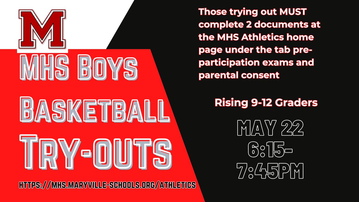 🏀🔥Got what it takes to represent MHS on the court?🔥🏀

Boys Bball Tryouts for rising 9th–12th graders are happening May 22 from 6:15–7:45 PM at MHS!

✅ Complete both required forms (Pre-Participation Exam + Parental Consent) before you hit the court. mhs.maryville-schools.org/athletics