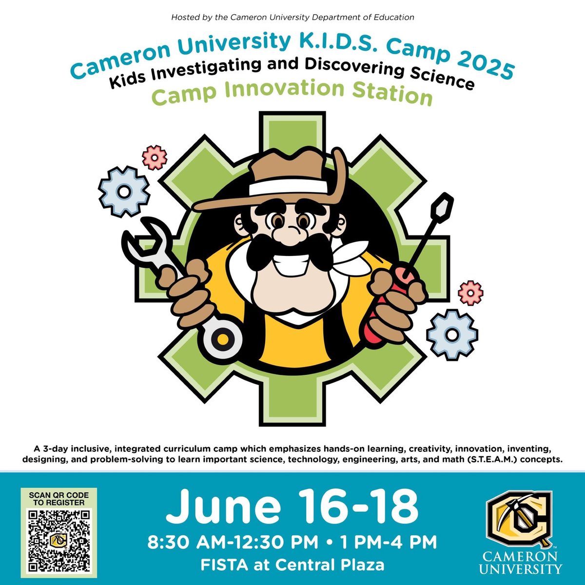 🚨 Don’t forget to sign up for K.I.D.S. Camp! 🚨
Camp Innovation Station is June 16–18 at FISTA—hands-on STEAM fun for grades 1–8! 💡🛠️🎨
📲 Scan the QR code to register!
#FISTA #KIDSCamp2025 #FutureInnovators #STEAMeducation #CameronUniversity
