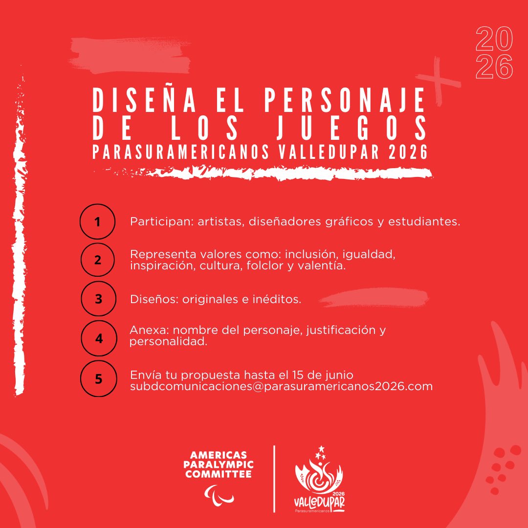 Parasuramericanos Valledupar 2026 (@parasura2026) on Twitter photo ¡Esta convocatoria es para ti!🧑🏻🎨👩🏻💻
Tienes hasta el 15 de junio de 2025 para enviarnos tu propuesta. No olvides incluir nombre, justificación y personalidad del personaje.
📩 Envía al correo: subdcomunicaciones@parasuramericanos2026.com
#Valledupar2026 #DiseñaElPersonaje ¡Esta convocatoria es para ti!🧑🏻🎨👩🏻💻
Tienes hasta el 15 de junio de 2025 para enviarnos tu propuesta. No olvides incluir nombre, justificación y personalidad del personaje.
📩 Envía al correo: subdcomunicaciones@parasuramericanos2026.com
#Valledupar2026 #DiseñaElPersonaje