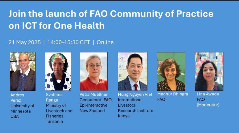 KSTK007's tweet photo. 🌱📊 Launch of FAO One Health ICT Community of Practice! 🌍
 
 📅Tomorrow:
 21 May 2025 | 14:00–15:30 CET | Online
 Register now!
 https://t.co/eR3H4a46WE
 
 Join for a timely discussion on #ICT for better #OneHealth data and information flow, collaboration, and co-creating. https://t.co/RYFIsB2AUq