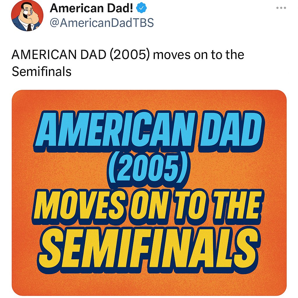 debaters_mass's tweet image. 🚨 SEMIFINALS BOUND! 🚨
 American Dad (2005) just laughed, yelled, and alien-ed past the competition.

Roger’s already drunk and celebrating. Who’s stopping the Smiths now?!

#AmericanDad #2000sTV #TVBracket #MassDebaters #SemifinalsReady