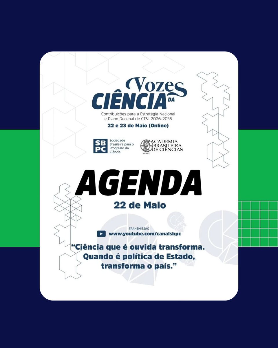 ictpbr's tweet photo. Em 22 e 23/5, a @SBPCnet e a @ABCiencias promovem o seminário “Vozes da Ciência: contribuições para a Estratégia Nacional e Plano Decenal de CT&amp;I 2026–2035”. Evento será transmitido ao vivo pelo YouTube. https://t.co/uymbD1lf32
