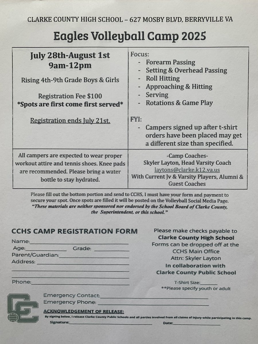 The moment you’ve been waiting for it here!! 🧡💙

CCHS Volleyball Camp is back again this summer! 

Camp is Monday July 28th - Friday August 1st from 9:00-Noon each day. 

Please see our Facebook Page for more details. 🧡🏐💙