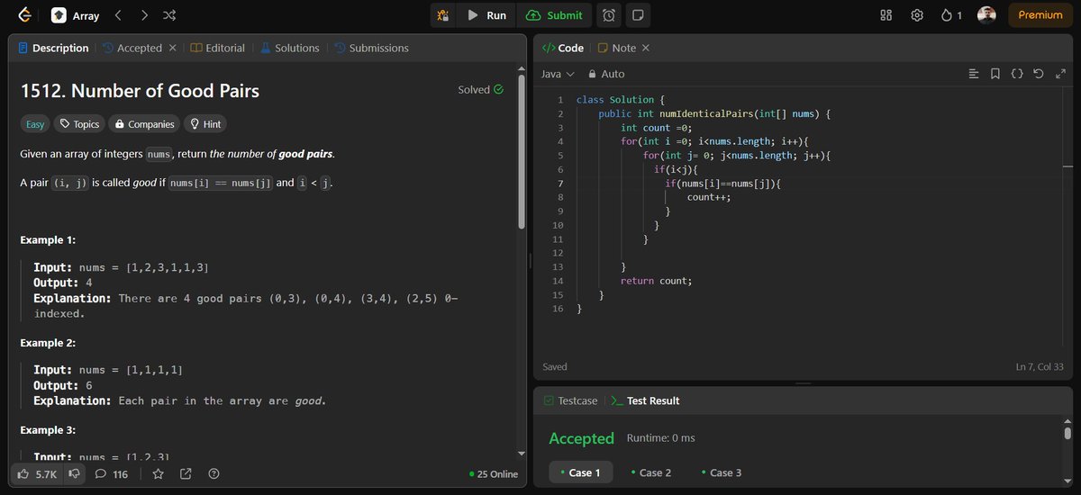 Kushal_Koradia's tweet photo. Day 27 of #100DaysOfDSA
Leetcode 1512: Number of Good Pairs

• Used nested for loops to solve it
• Simple and straightforward logic
• Just keeping the streak alive!

#100DaysOfCode #DSA #Leetcode #Coding #DevCommunity #javacoffee #TechTwitter #programmer https://t.co/w0ag23wFnl