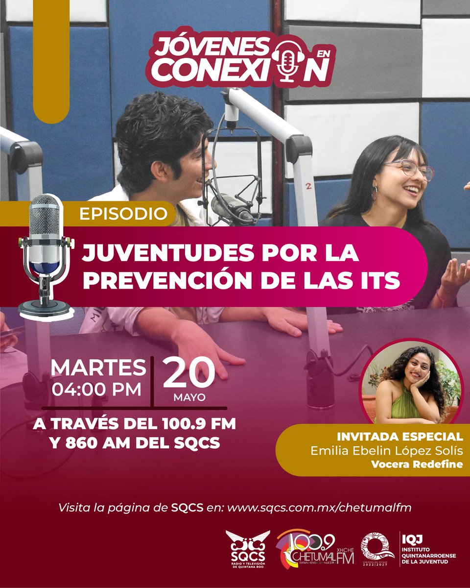 ¡No te lo puedes perder! 
HOY en punto de las 4:00 PM, sintoniza #JóvenesEnConexión  con el episodio "Juventudes por la Prevención de las ITS"

Nos acompaña en cabina Emilia Ebelin López Solís, vocera REDefine.

Escúchanos por sqcs.com.mx/chetumalfm

<a href="/alvarado_moo/">Alma Alvarado</a>  
#JVNTDS