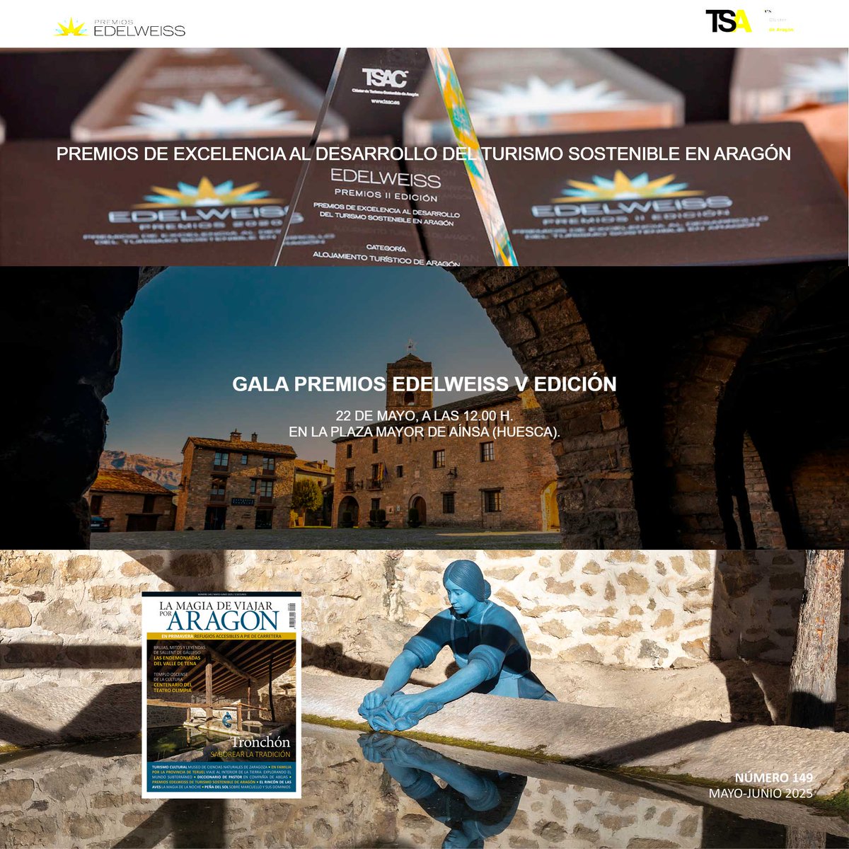 <a href="/LaMagiadeViajar/">La Magia de Viajar</a> recibe este jueves en #Aínsa la 𝗠𝗲𝗱𝗮𝗹𝗹𝗮 𝗧𝘂𝗿𝗶𝘀𝘁𝗮 𝗥𝗲𝘀𝗽𝗼𝗻𝘀𝗮𝗯𝗹𝗲 de los 𝗣𝗿𝗲𝗺𝗶𝗼𝘀 𝗘𝗱𝗲𝗹𝘄𝗲𝗶𝘀 que otorga el Clúster de Turismo Sostenible de Aragón. ¡GRACIAS! #turismosostenible <a href="/aragonturismo/">Turismo de Aragón</a> 
<a href="/nita_macia/">Nita Macía</a> <a href="/Huesca_LaMagia/">Huesca La Magia</a>
