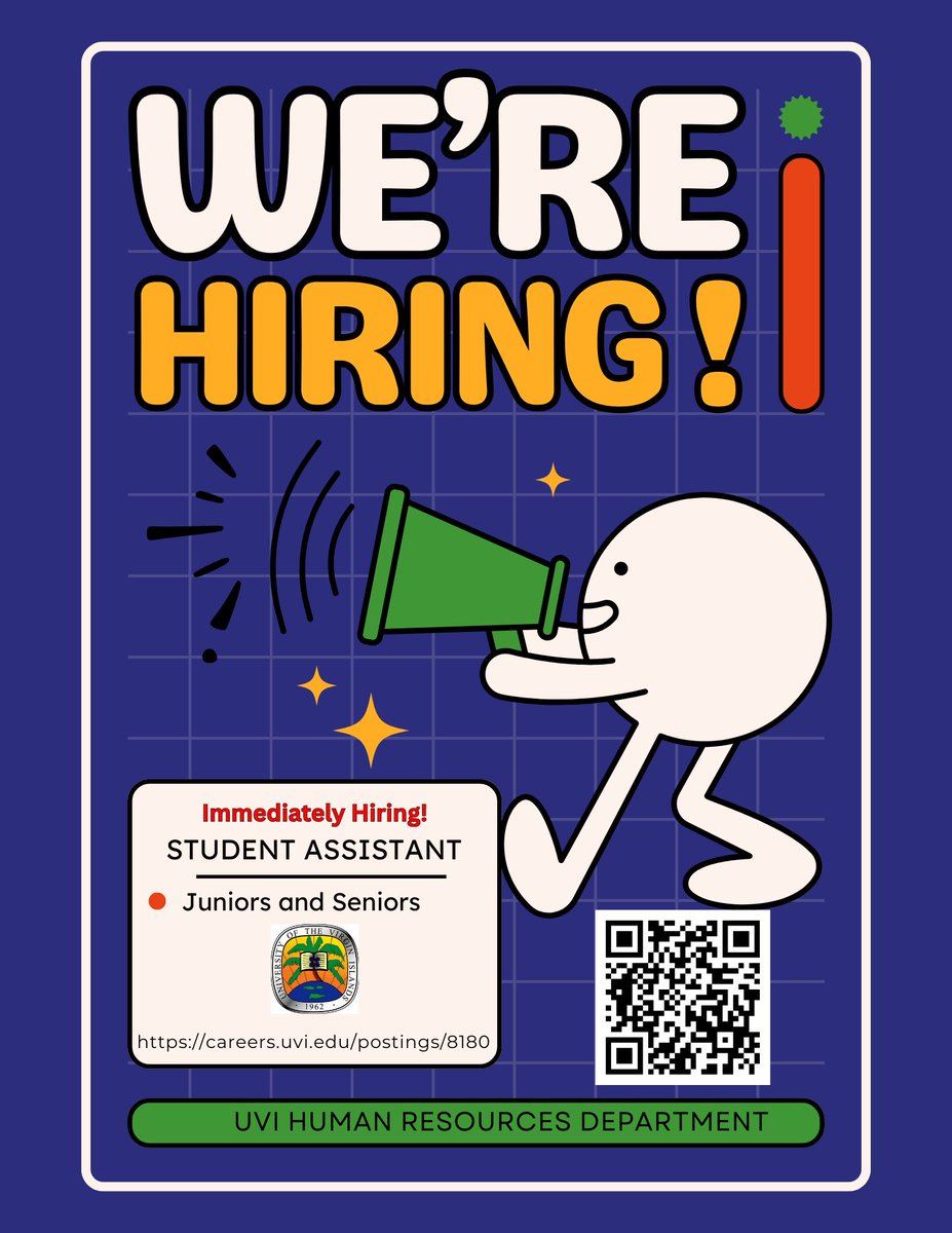 The University of the Virgin Islands (UVI) Human Resources Office is hiring a Student Assistant(s) for summer employment and seeks Junior and Senior students. 
Visit: careers.uvi.edu/postings/8180