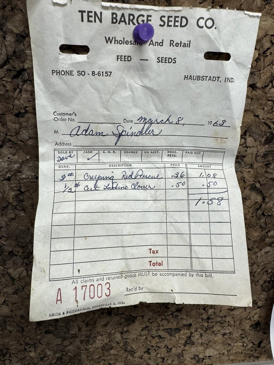 As I get older, I appreciate history even more. Here’s a seed ticket run 62 years ago. Cool part?  My uncle Dave TenBarge ran the ticket for the great grandpa of my current Haubstadt branch mgr, John Spindler. #bigspender #creeper #clover