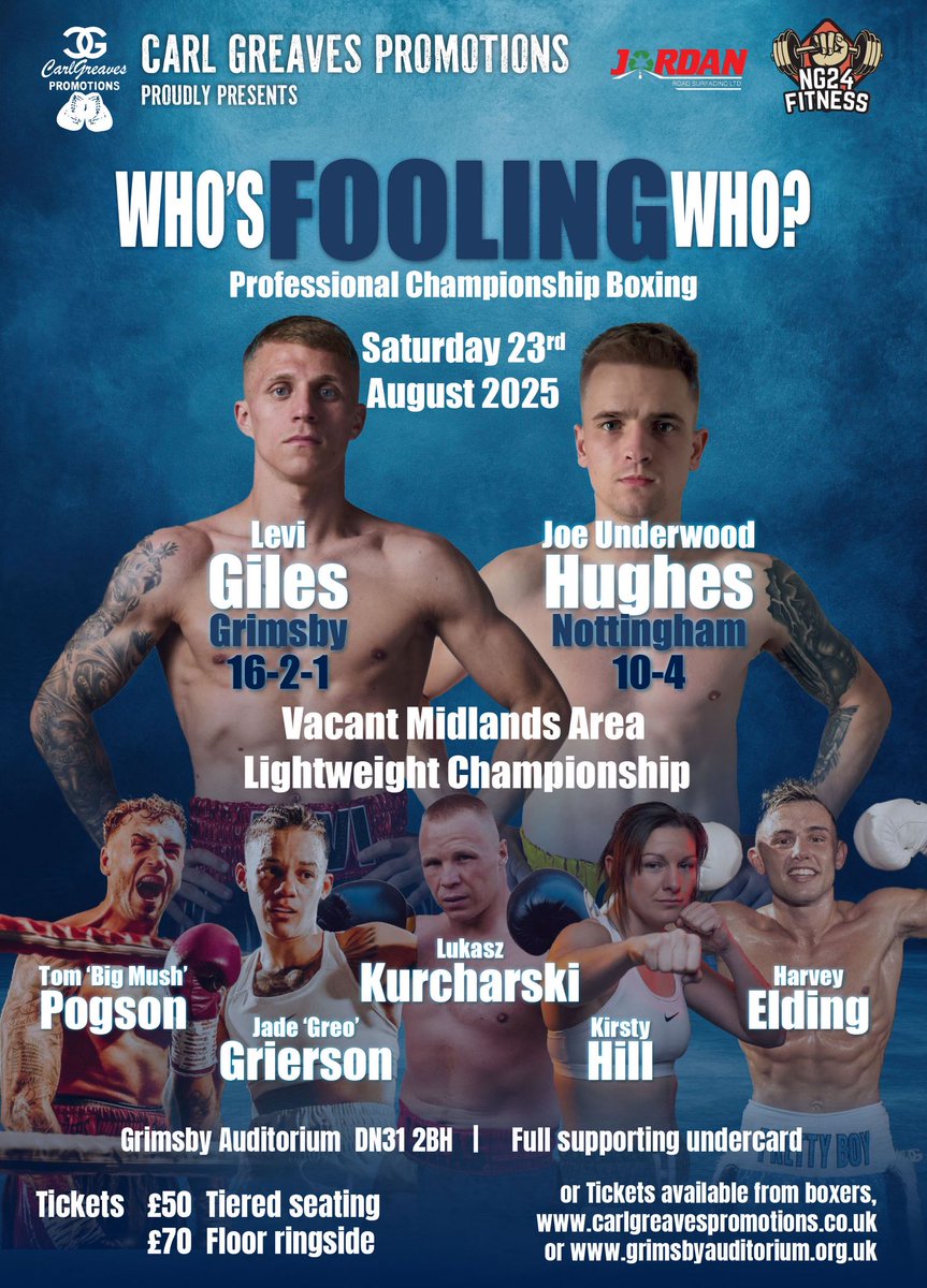 Carl Greaves (@carlgreavespro) on Twitter photo #Whosfoolingwho
<a href="/GrimsbyLive/">Grimsby Live</a>
Saturday 23rd August
<a href="/LeviGiles03/">levi giles</a> v #JoeJughes
<a href="/MidlandsBBBofC/">Midlands Area BBBofC</a> lightweight championship
Also Featuring
<a href="/thomaspogson/">Thomas Pogson</a>
<a href="/HarveyEldo/">Harvey Eldo</a>
#KirstyHill
#JadeGreo
#LukaszKurcharski #Whosfoolingwho
<a href="/GrimsbyLive/">Grimsby Live</a>
Saturday 23rd August
<a href="/LeviGiles03/">levi giles</a> v #JoeJughes
<a href="/MidlandsBBBofC/">Midlands Area BBBofC</a> lightweight championship
Also Featuring
<a href="/thomaspogson/">Thomas Pogson</a>
<a href="/HarveyEldo/">Harvey Eldo</a>
#KirstyHill
#JadeGreo
#LukaszKurcharski