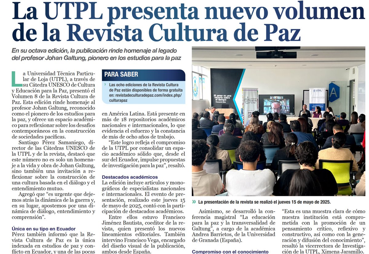 Gracias a <a href="/HORA32LOJA/">HORA32</a>  por visibilizar el trabajo académico que impulsa la <a href="/utplinvestiga/">UTPL Investiga</a> <a href="/utpl/">🎓 UTPL</a>  y nuestra <a href="/PazRevista/">Revista de Cultura de Paz</a>

El Volumen 8 rinde homenaje a Johan Galtung y apuesta por una cultura de paz que rechaza a la violencia en todas sus formas y expresiones.