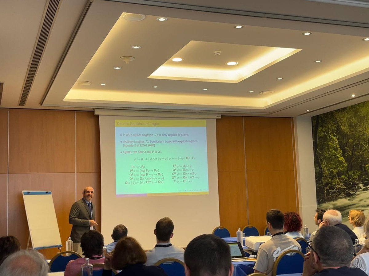 ESCIMconference's tweet photo. Day 2 at #ESCIM2025 started with a keynote by Pedro Cabalar: "Normative Reasoning with Deontic Answer Set Programming". A compelling look at formal approaches to reasoning about obligations and permissions. #AnswerSetProgramming #DeonticLogic #AI https://t.co/Zjv0yQE2YX