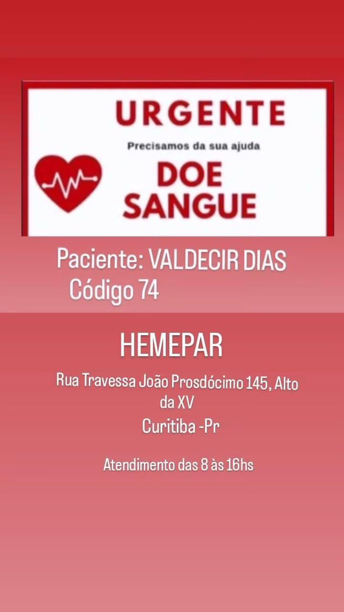 mateus_diassss's tweet photo. Pessoal de Curitiba!

Meu pai precisa, com urgência, de doação de sangue de qualquer tipo, mas, de preferência, O-. Quem puder ajudar, a doação é feita no HEMEPAR. É necessário informar que a doação é para o Hospital Evangélico em nome de Valdecir Dias (CÓDIGO 74 - VALDECIR DIAS) https://t.co/UyPoI9Wp9u