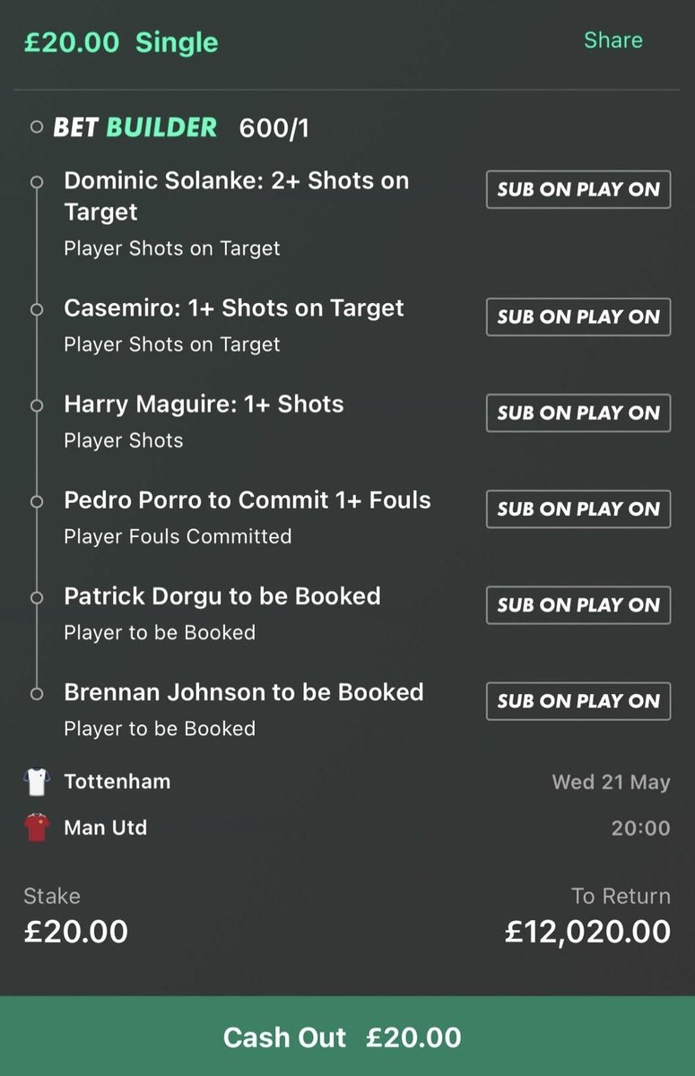 EUROPA LEAGUE FINAL LONGSHOT BET BUILDER! 🏆

• £20 INTO £12,000
• 600/1 Man United vs Tottenham longshot
• Fully researched

SMASH LIKE ♥️ if you are joining in