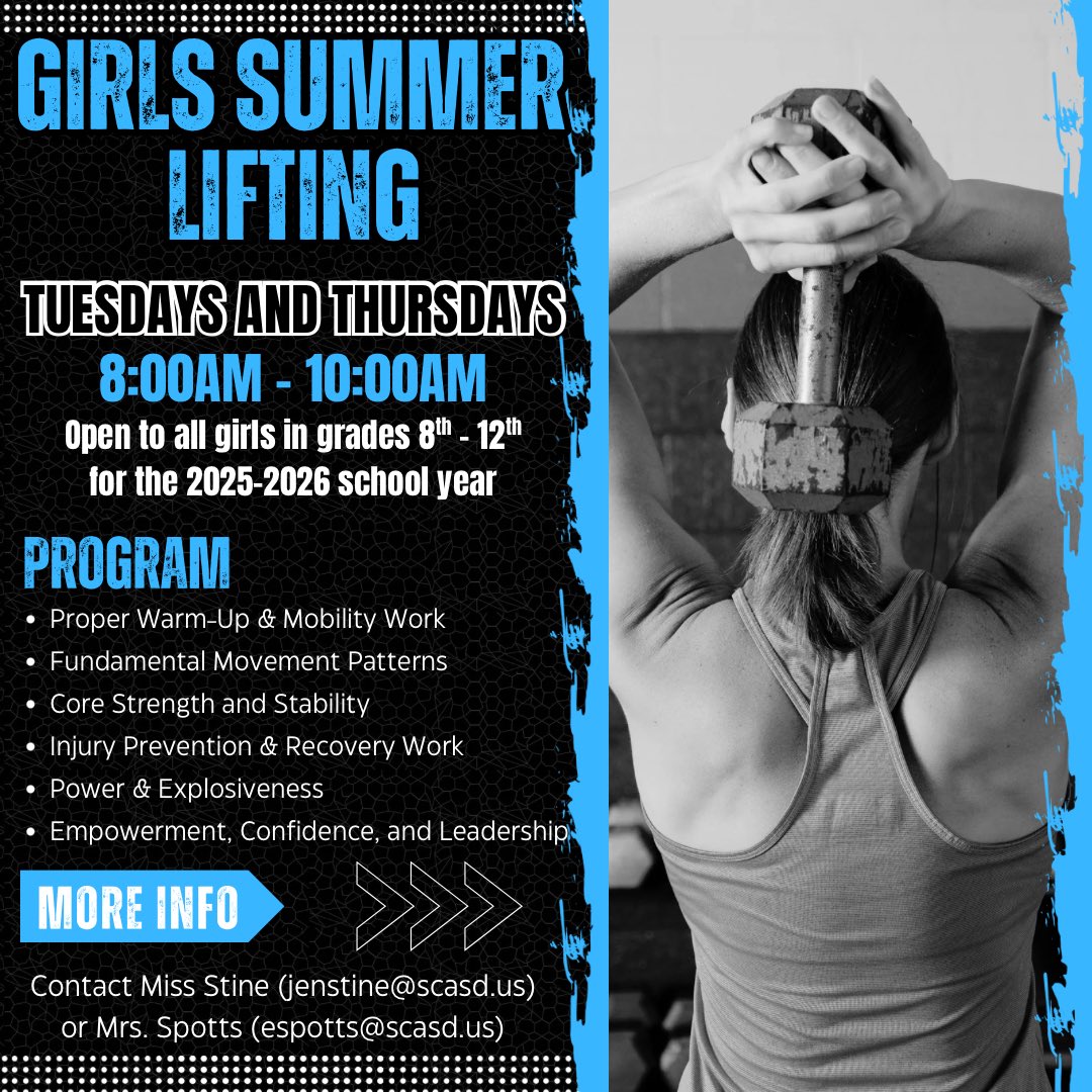 We are excited to offer a Girls Only Summer Lifting Program open to all girls entering 8th through 12th grade next school year. All interested students are invited to attend an informational meeting on Thursday, May 22nd, in the auditorium during activity period.