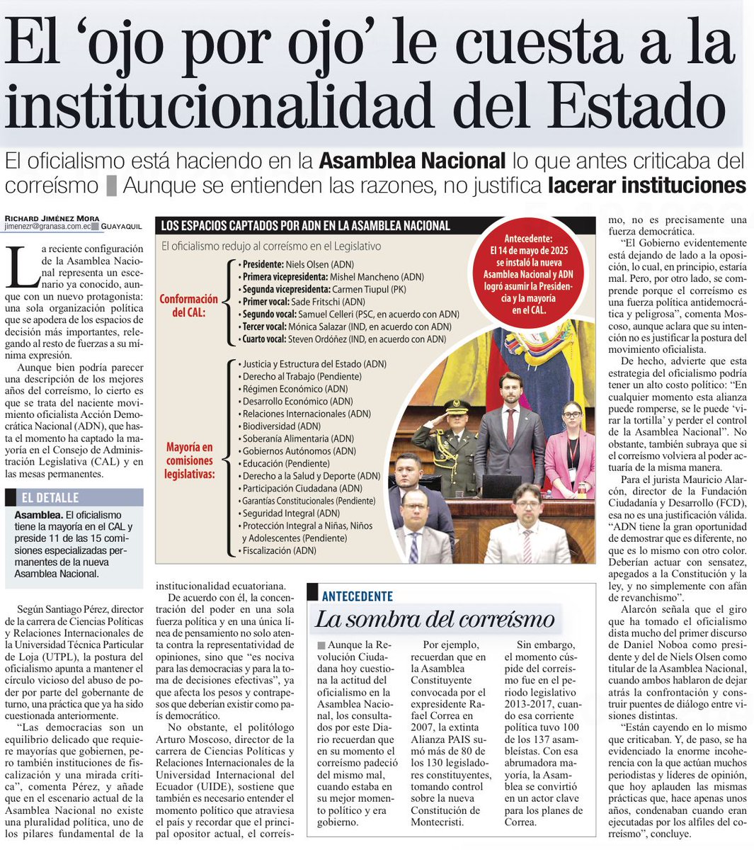 Gracias a <a href="/Expresoec/">Diario Expreso</a> por la entrevista. En democracia, gobernar no es imponer, es en consenso construir.
La nueva mayoría en la Asamblea abre una oportunidad. Pero la gobernabilidad democrática requiere equilibrio, memoria institucional, así como apertura al disenso.
La historia