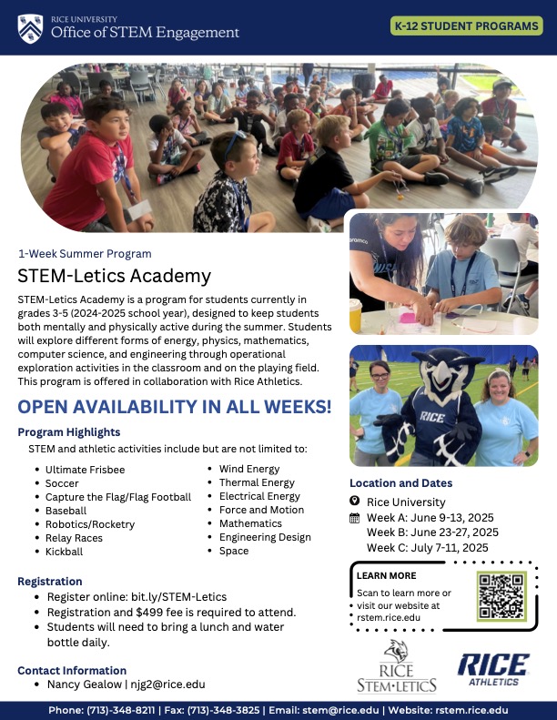 Cool summer camp at Rice!  bit.ly/STEM-Letics June 9-13, June 23-27 (Space), and July 7-11 (Engineering)! <a href="/RiceU_STEM/">R-STEM</a> <a href="/DiscoveryDome/">Patricia Reiff</a>