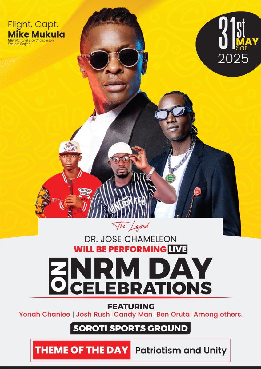 Ateker Post (@atekerpost) on Twitter photo AIBO EJAI EPUCIT!!!???
Get set for the 🎶 🎵 parade on the 31- May -2025 LIVE @the Soroti Sports grounds, commanded by the Maverick musical 🎶 ICON JOSE CAMELEON joined by several artists. It's gonna be massive
<a href="/Mukulaa/">Mukula</a>
<a href="/OgwangOgwang/">Peter Ogwang</a>
<a href="/AnitahAmong/">Anita Annet Among</a>
<a href="/HonEchweru/">Hon. Ecweru Musa Francis</a>
<a href="/JChameleone/">JOSE CHAMELEONE</a> AIBO EJAI EPUCIT!!!???
Get set for the 🎶 🎵 parade on the 31- May -2025 LIVE @the Soroti Sports grounds, commanded by the Maverick musical 🎶 ICON JOSE CAMELEON joined by several artists. It's gonna be massive
<a href="/Mukulaa/">Mukula</a>
<a href="/OgwangOgwang/">Peter Ogwang</a>
<a href="/AnitahAmong/">Anita Annet Among</a>
<a href="/HonEchweru/">Hon. Ecweru Musa Francis</a>
<a href="/JChameleone/">JOSE CHAMELEONE</a>