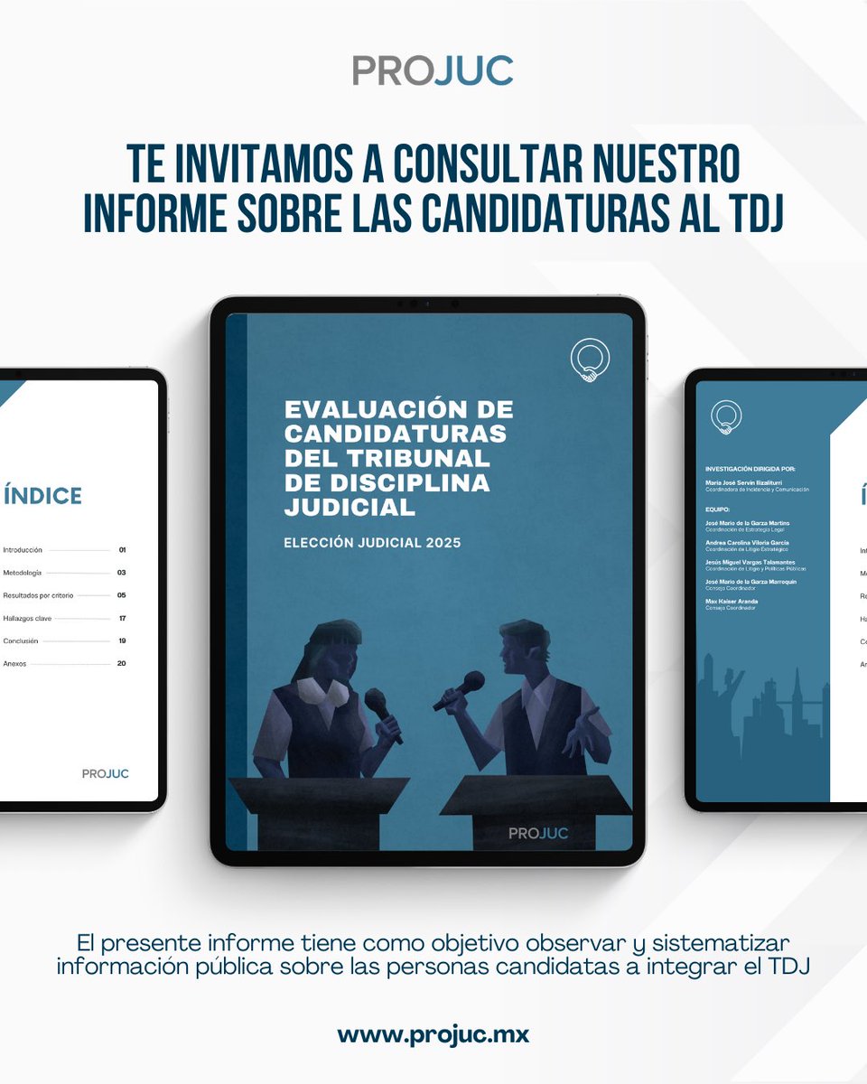 🔍Desde Proyecto Justicia Común, llevamos a cabo una evaluación objetiva e imparcial sobre la idoneidad de las personas aspirantes a ocupar una magistratura en el Tribunal de Disciplina Judicial.

¡Te invitamos a leer nuestro informe! 

🔗 projuc.mx/wp-content/upl…